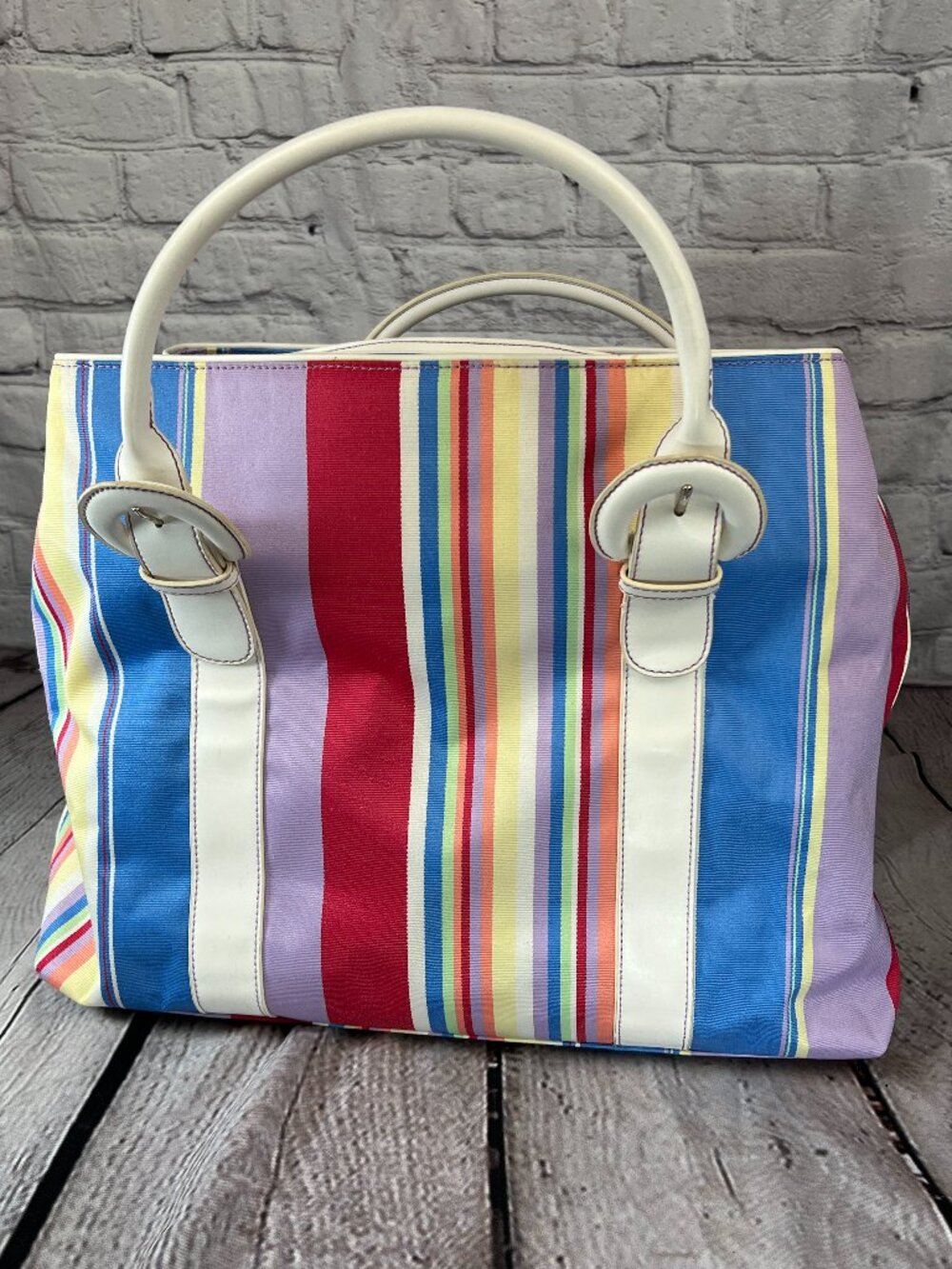 South Moon Under Festive MultiColor Striped Tote Zip Closure Side Pockets NWT